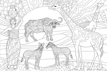 Wall Mural - Coloring book page for adults and children. African savannah fan
