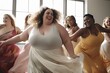 © Simon - Happy plus size women in colorful clothes dancing and having fun. Body positivity concept.