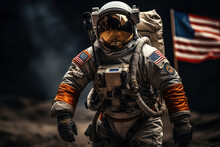 American Astronaut On The Moon Against The Background Of The USA Flag