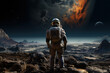 View from back of astronaut discovering new planet in outer space