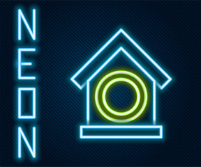 Canvas Print - Glowing neon line Dog house icon isolated on black background. Dog kennel. Colorful outline concept. Vector