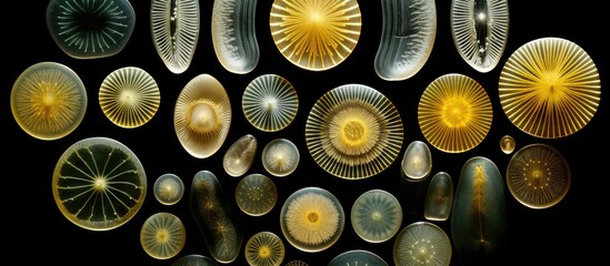 Wall Mural - Microscopic algae known as diatoms golden yellow fossils with silica With copyspace for text