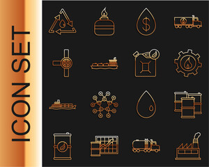 Wall Mural - Set line Oil industrial factory building, Barrel oil, drop with dollar, tanker ship, Industry pipes and valve, recycle and Bio fuel canister icon. Vector