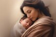 Mother Soothing - Woman against a beige backdrop, calming a crying baby - Maternal instincts - AI Generated