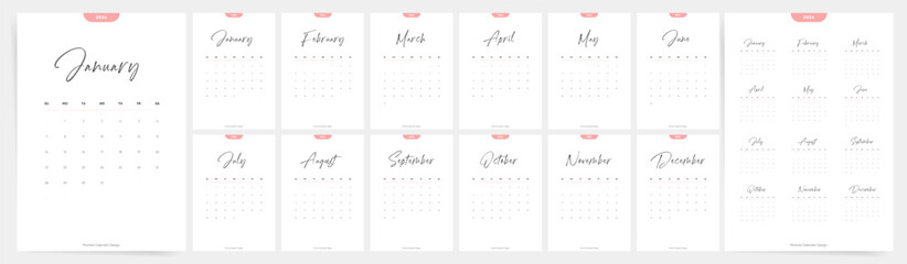 Wall Mural - 2024 Calendar Template Design. Week Starts on Sunday Office Calendar. Calender in simple clean style. Corporate or Business Calendar. English Vector Vertical Calendar layout.