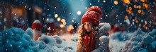 A Girl Snow Christmas Scene, Copy Space, Presents, Christmas Spirit, Santa Clauss, Familiy, Tree,