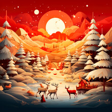 Christmas 2D Illustration On Red Background In Paper, Animals, Trees, Pine Trees, A Village And Stars, Christmas Concept