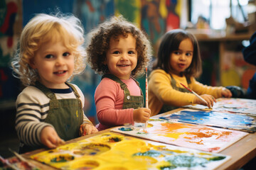 Canvas Print -  toddlers drawing faces on the wall at a childcare