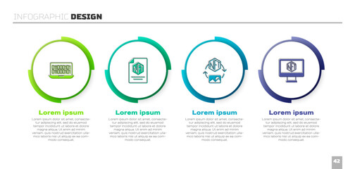 Set Binary code, NFT contract, Digital crypto art and Monitor with store app. Business infographic template. Vector