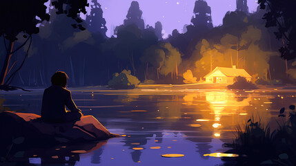 Canvas Print - Illustration of a man sitting on a rock by the lake at night