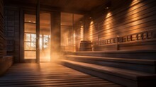 The classic interior of a Finnish sauna, built with rich wooden planks, exudes warmth and relaxation