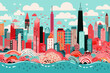 Chicago skyline quirky doodle pattern, wallpaper, background, cartoon, vector, whimsical Illustration