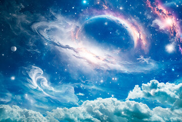 Wall Mural - abstract fantasy background with cosmic dust, clouds, nebula and a blue planet like universe concept