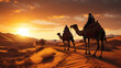 © Gasspoll - The Beauty of the Sahara - Bedouin Nomads Riding Camels Through the Saharan Dunes. Generative AI