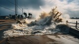 Fototapeta  - Storm Surge Spectacle: Bridge Meets the Torrents of Hurricane Harvey. Generative AI