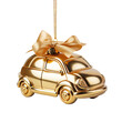 Gold Christmas ball as a golden new car with ribbon, isolated on free PNG background.