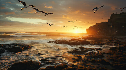 Wall Mural - A beach that has some birds flying