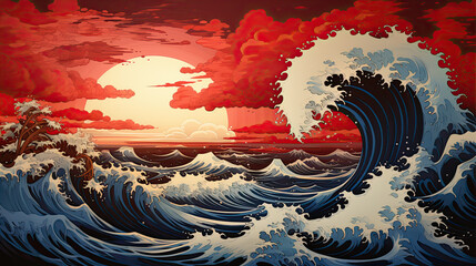 Wall Mural - A Japanese great wave sea Japan engraved art design in a vintage woodcut intaglio style