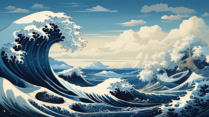 Wall Mural - A Japanese great wave sea Japan engraved art design in a vintage woodcut intaglio style