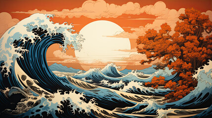 Wall Mural - A Japanese great wave sea Japan engraved art design in a vintage woodcut intaglio style