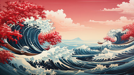 Wall Mural - A Japanese great wave sea Japan engraved art design in a vintage woodcut intaglio style