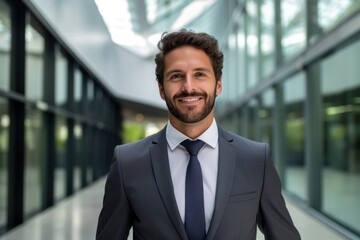 Businessman smile face walking office complex