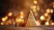  a small candle sitting next to a golden pyramid shaped candle holder.  generative ai