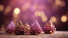  Three Small Pine Cones Sitting On Top Of A Wooden Table.  Generative Ai