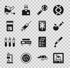 Sticker - Set 3D printing technology, Pipette, Genetically modified apple, DNA research, search, Syringe, Jar with additives, Prosthesis hand and Experimental animal icon. Vector