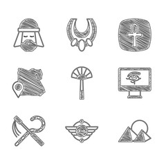 Wall Mural - Set Egyptian fan, symbol Winged sun, pyramids, Eye of Horus on monitor, Crook and flail, Map, Cross ankh and man icon. Vector