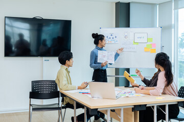 Wall Mural - team of ux developer and ui designer brainstorming interface wireframe design. creative digital deve
