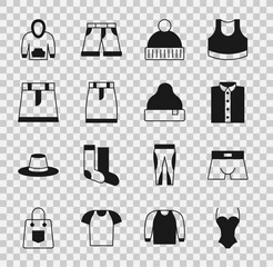 Wall Mural - Set Swimsuit, Men underpants, Shirt, Beanie hat, Skirt, Hoodie and icon. Vector