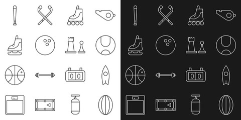 Sticker - Set line Rugby ball, Surfboard, Tennis, Roller skate, Bowling, Skates, Baseball bat and Chess icon. Vector