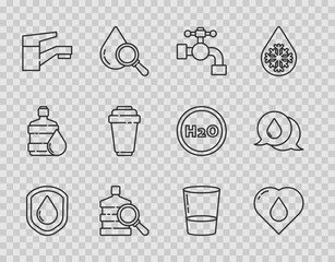 Sticker - Set line Waterproof, Heart with water drop, tap, Big bottle clean, filter cartridge, Glass and speech bubbles icon. Vector