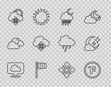Set Line Location Cloud, Fahrenheit, Cloud With Rain And Moon, Cone Windsock Wind Vane, Snow Sun, Snowflake And Icon. Vector