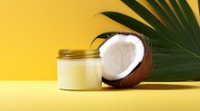  A Jar Of Coconut Oil Next To A Half Eaten Coconut.  Generative Ai