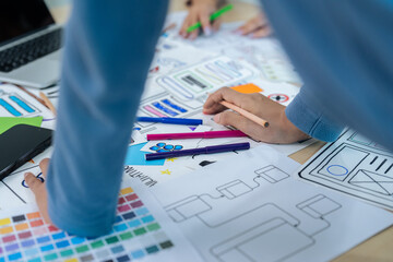 Wall Mural - team of ux developer and ui designer brainstorming interface wireframe design. creative digital deve