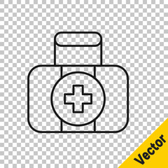 Sticker - Black line First aid kit icon isolated on transparent background. Medical box with cross. Medical equipment for emergency. Healthcare concept. Vector