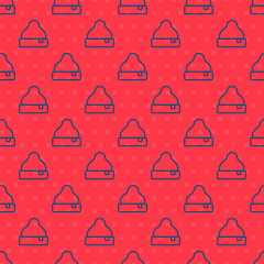 Poster - Blue line Beanie hat icon isolated seamless pattern on red background. Vector