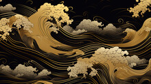 Wallpapers And Textile Patterns Vintage A Gold Wave Pattern On A Black Background. Seascapes In Traditional Chinese Painting