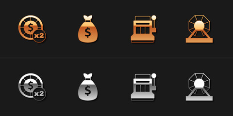 Poster - Set Casino chips, Money bag, Slot machine and Lottery icon. Vector