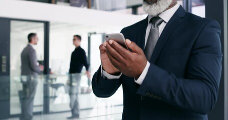 Canvas Print - Phone, communication a mature business black man in his office for corporate networking as a professional. Contact, mobile and a CEO, manager or leader typing a text message in the workplace