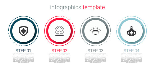 Canvas Print - Set Canada flag on shield, Montreal Biosphere, Canadian ranger hat and Bottle of maple syrup. Business infographic template. Vector