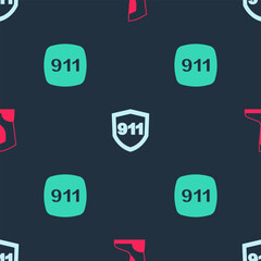 Sticker - Set Fire boots, Emergency call 911 and on seamless pattern. Vector