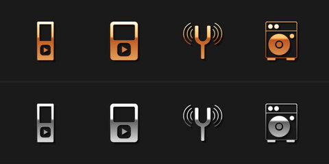 Sticker - Set Music player, Musical tuning fork and Guitar amplifier icon. Vector