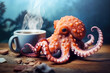 octopus next to a large cup of coffee