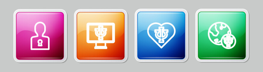 Sticker - Set line Solution to the problem, Psychologist online, Psychology, Psi and . Colorful square button. Vector