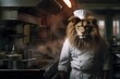 Lion as a chef cook in a restaurant kitchen.
