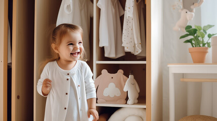 Wall Mural - Cute little girl in children room on the background of closet with a lot of fashionable clothes. Fashion for children, modern comfortable child clothes store. 