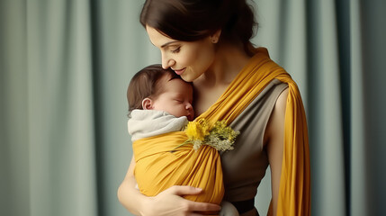 happy mom holding newborn baby in sling, copy space. baby carrier sling, young mother and infant.